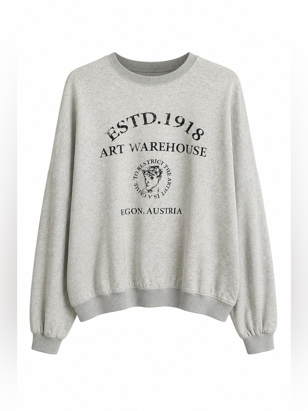 Cozy Relaxed Fit “Art Warehouse” Heather Gray Crewneck Sweatshirt